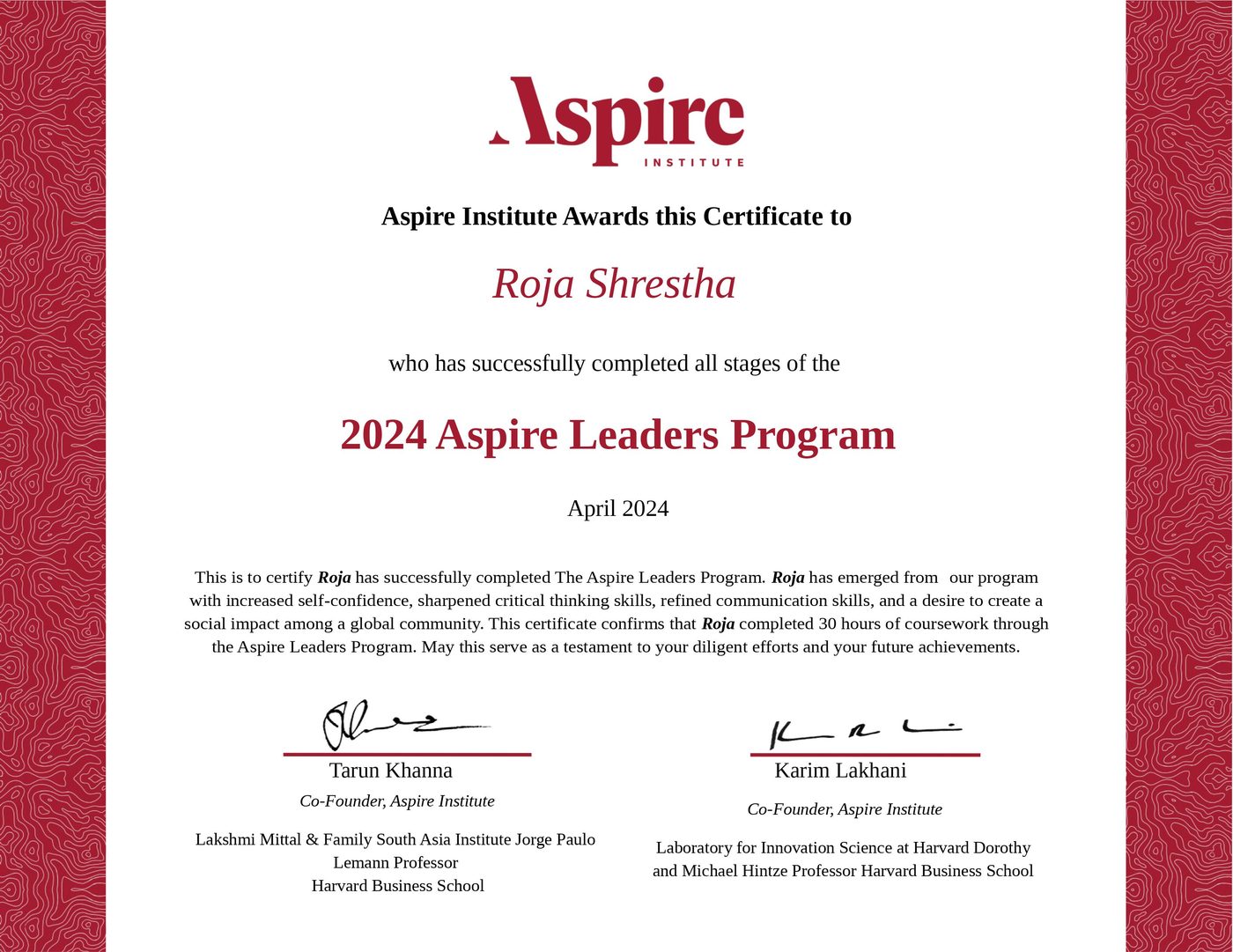 Aspire Leaders Program certificate