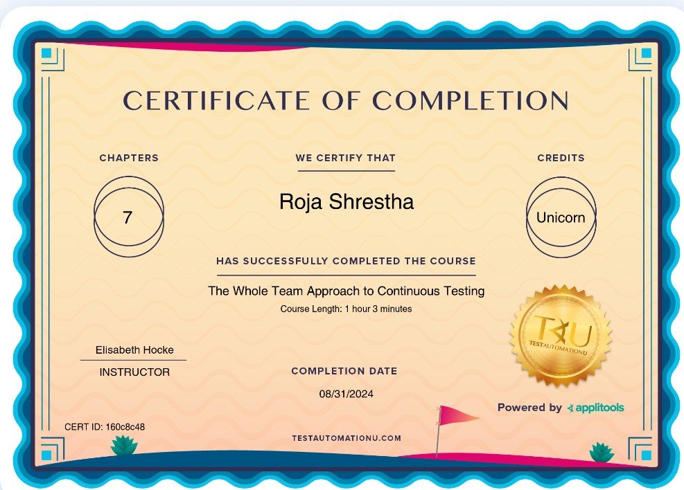 The Whole Team Approach to Continuous Testing certificate
