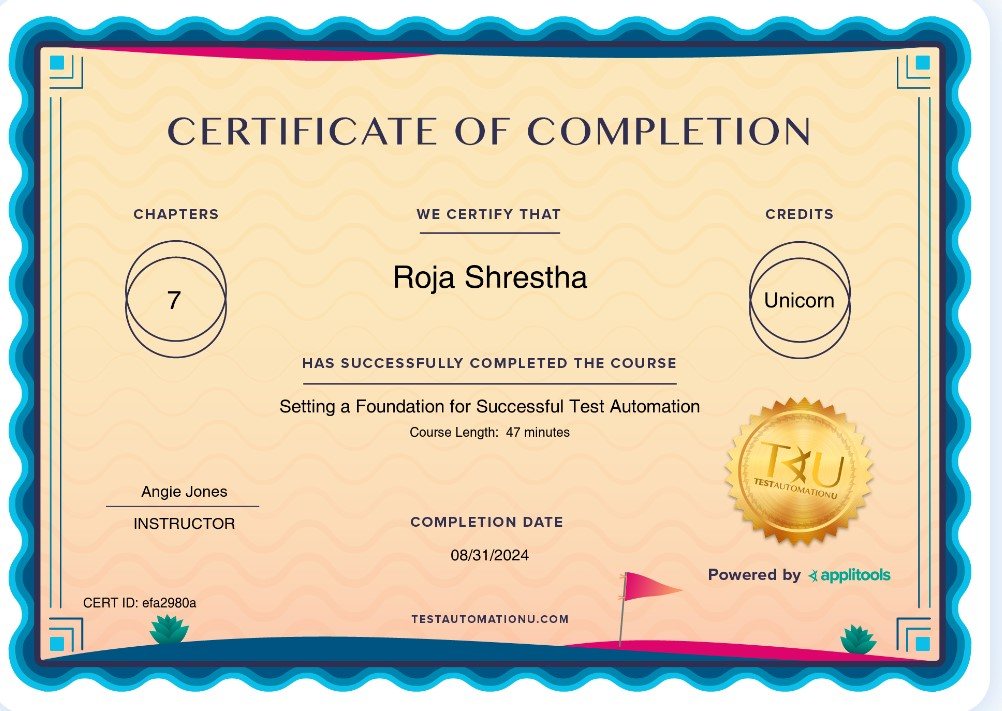 Setting a Foundation for Successful Test Automation certificate